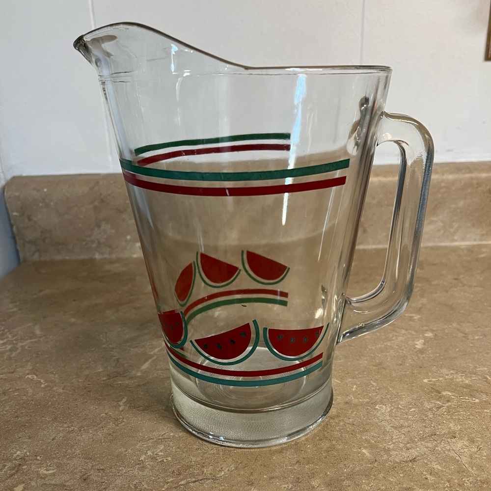 Vintage Glass Watermelon Pitcher - Clear Glass with Red & Green Design